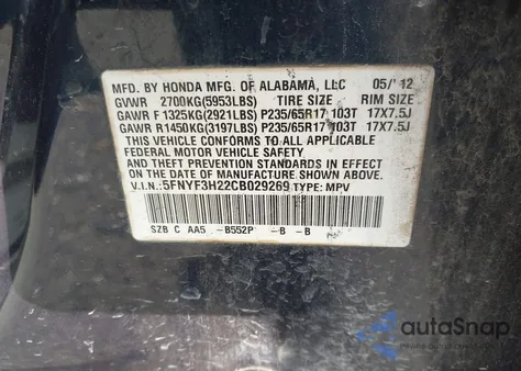 2012 Honda Pilot Lx from USA, damaged, VIN 5FNYF3H22CB029269